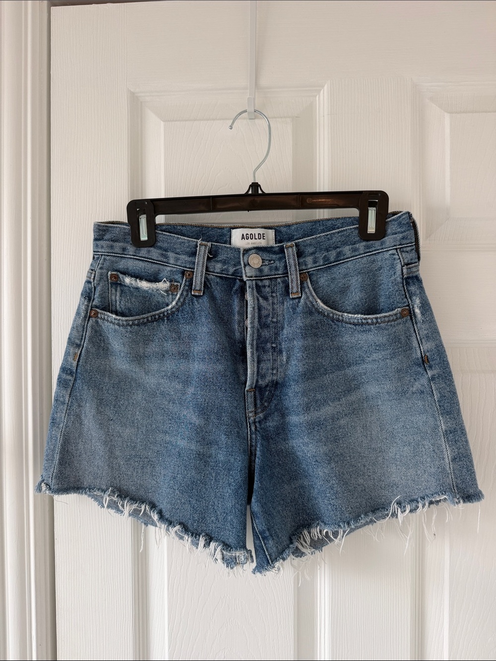 Agolde Parker long sky wave 26 Medium Blue Distressed High-Rise Denim Shorts